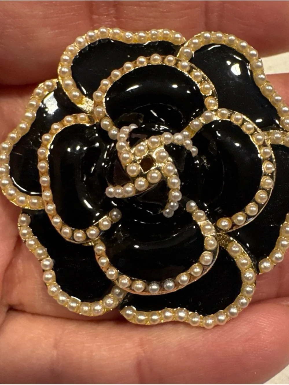 Women's Black Enamel Flower Brooch with Faux Pearls - Elegant Gold Trim